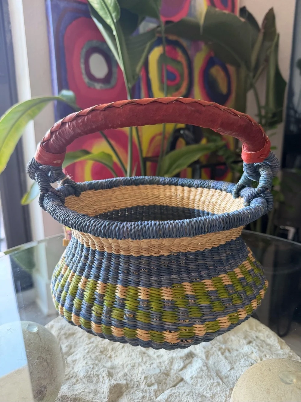Handmade Ghana Bolga Basket Fair Trade Elephant Grass Leather Handle